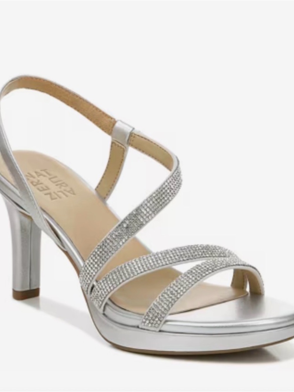 Naturalizer Brenta Silver Rhinestone Strap Mid-Heel Sandals